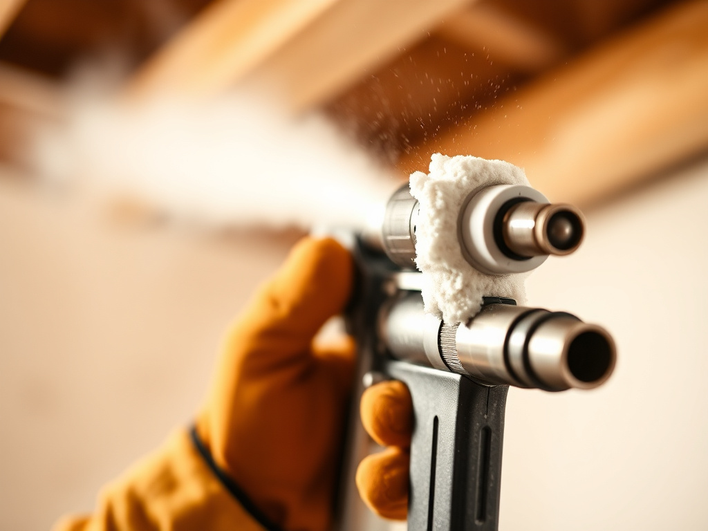 Close-up of a spray foam insulation gun applying cured foam texture