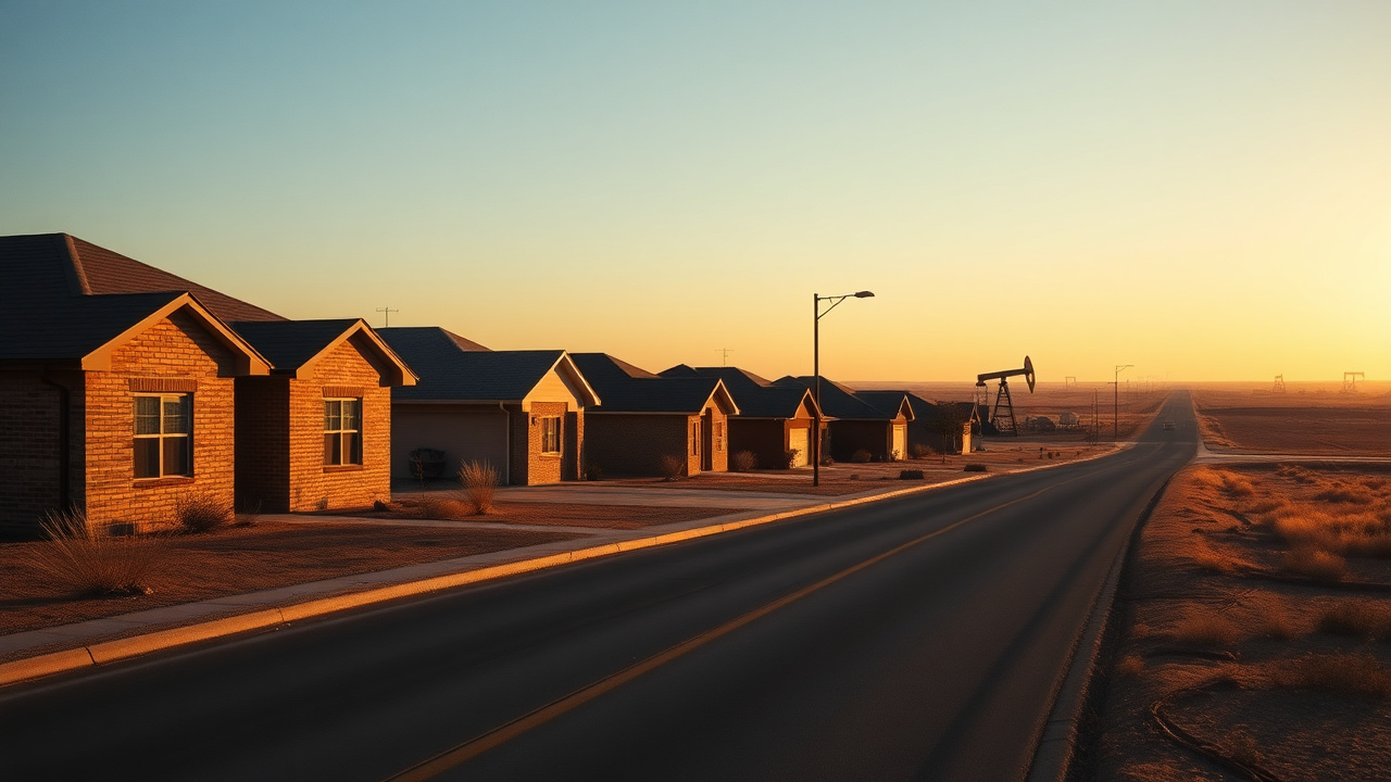 West Texas Permian Basin neighborhood near Odessa with ranch-style homes and flat scrubland