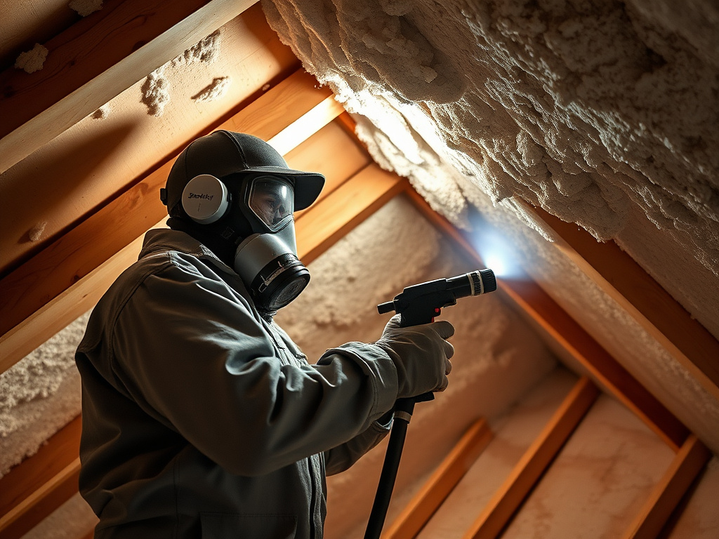 Technician spraying foam insulation onto an attic roof deck